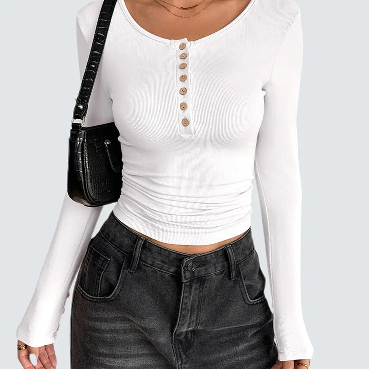 Slim Button Ribbed Knit Basic Tee Henley T Shirt (US Only), photo 4 of 4